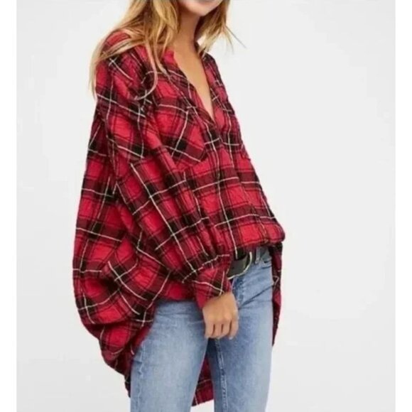 Intimately Free People Not Your Boyfriend's Oversized Red Plaid Tunic Top Size M - Picture 13 of 13